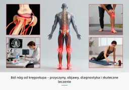 Ból kolana od kręgosłupa może objawiać się jako promieniujący dyskomfort. Ilustracje pokazują anatomię stawu, kręgosłupa z bólem, pacjenta i rehabilitację.