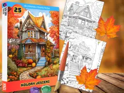 Kolorowanka "Kolory Jesieni" z domkiem i liśćmi klonu. Idealna nauka kolorów dla dzieci, rozwijająca kreatywność.