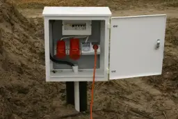 Skrzynka z zabezpieczeniami i gniazdami, gotowa do podłączenia prądu. Zastanawiasz się, ile kosztuje doprowadzenie prądu do działki za metr?