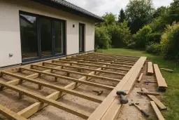 Budowa konstrukcji pod taras. Widoczna drewniana rama, narzędzia i deski. To pierwszy krok, jak zrobić wylewkę pod taras.