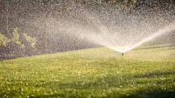 Zraszacz na trawniku w słoneczny dzień, tworzący mgiełkę wodną.