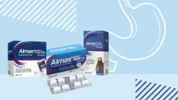 Cajas y blíster de medicamentos Almax para la gastritis y el reflujo sobre fondo azul claro con silueta de estómago.
