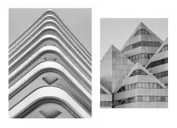 Dwie fotografie budynków: jeden z zaokrąglonymi balkonami, drugi o geometrycznych, ostrych kształtach.