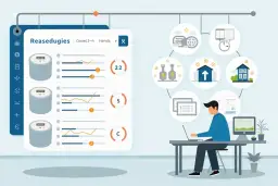 Ilustracja przedstawia mężczyznę pracującego przy komputerze, analizującego dane z liczników gazu i wykresy.