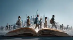 Ludzie idący przez miasto, jakby wyłaniający się z otwartej księgi. Ile tomów powinna mieć idealna saga literacka? Dylemat trylogii.