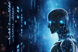 Profil humanoidalnej SI z niebieskimi, świecącymi oczami na tle cyfrowego świata. Zastanawiamy się, jak sztuczna inteligencja zmieni nasze życie.