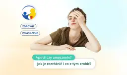 Zmęczona kobieta opiera głowę na dłoni, obok logo i napisy "Zdrowie psychiczne".