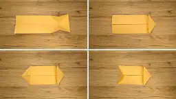 Kroki tworzenia prostego koszyka z papieru. Żółty papier składany na drewnianym tle.