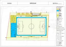 Projekt boiska piłkarskiego we Wrocławiu z boiskiem głównym, boiskiem do siatkówki plażowej i innymi obiektami sportowymi.