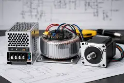 Elementy do budowy prądnicy: zasilacz, transformator toroidalny i silnik krokowy na tle schematu elektrycznego.