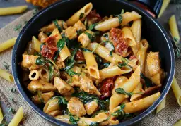 Penne z suszonymi pomidorami i kurczakiem - szybki przepis na obiad