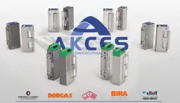 Różne modele elektrozaczepów: rewersyjny i awersyjny, z zielonymi elementami.