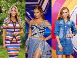 Trzy polskie aktorki w stylizacjach: w pasiastej sukience, sukni z denimu i jeansowej sukience.
