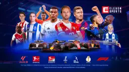 Piłkarze w strojach klubowych i bolidy Formuły 1 na tle logo Eleven Sports.