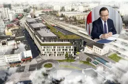 Nowoczesny dworzec autobusowy Rzeszów z zielonymi dachami i otaczającą infrastrukturą. W tle mężczyzna w garniturze podpisuje dokument.
