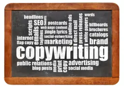 Tablica z napisem "COPYWRITING" otoczona słowami kluczowymi, takimi jak "marketing", "SEO", "social media", "blog posts", "press releases", "billboards", "brochures", "catalogs", "headlines", "tweets", "scripts", "emails", "web page content", "jingle l...