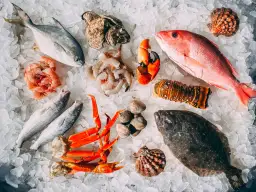 Różnorodne owoce morza i ryby ułożone na lodzie: ryby, krewetki, małże, homar, krab.