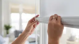 Dłonie regulują białą taśmę do rolet zewnętrznych, która zwisa obok okna.