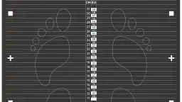 Tabela rozmiarów butów z zaznaczonymi śladami stóp i podziałką w cm i EU.