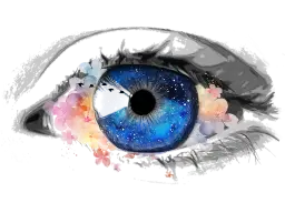 Oko z błękitną tęczówką przypominającą kosmos, otoczone akwarelowymi kwiatami i szkicowymi rzęsami.