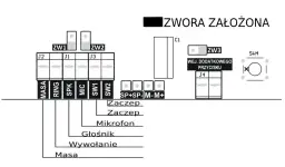 Schemat podłączenia domofonu 5-żyłowego z opisem zacisków i zworkami.