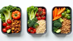 Trzy pojemniki z jedzeniem: warzywa, owoce i kasza. To przykład, co to katering – zdrowe i kolorowe posiłki gotowe do zabrania.