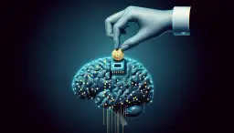 Dłoń wkłada monetę Bitcoin do cyfrowego mózgu, symbolizując, jak inwestować w sztuczną inteligencję i przyszłość technologii.