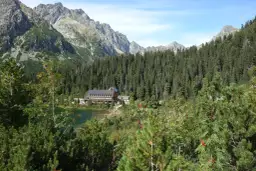 Malowniczy widok na przełęcz pod Osterwą z jeziorem, lasem świerkowym i skalistymi szczytami w tle.