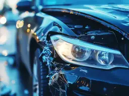 Czarny samochód po wypadku, widoczne dwie szkody z AC w roku. Zniszczony błotnik i reflektor.