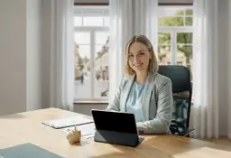 Uśmiechnięta kobieta w biurze przy biurku z tabletem i świnką-skarbonką.