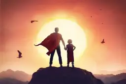 Ojciec i córka w pelerynach superbohaterów stoją na szczycie góry, patrząc na zachód słońca. To jak cytaty ojca do syna, pełne siły i miłości.