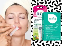 Kobieta depiluje twarz plastrami z woskiem. Obok opakowania plastrów do depilacji ciała i twarzy. Jaki wosk do depilacji twarzy wybrać?