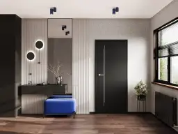 Nowoczesne wnętrze z czarnymi drzwiami płycinowymi wewnętrznymi, niebieską pufą i minimalistycznym wystrojem.