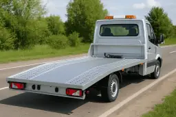 Srebrna autolaweta z pomarańczowymi światłami ostrzegawczymi, gotowa do transportu. Wynajem autolawety kat C.