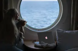 Dziewczyna z psem patrzy przez okrągłe okno na morze. Obok leży laptop z podświetlonym logo, jak prom nova star.