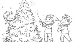 Drei Kinder schmücken einen Weihnachtsbaum mit Kugeln und Wunderkerzen.