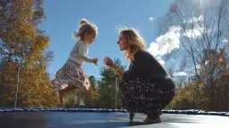 Matka i dziecko skaczą na trampolinie w słoneczny dzień.