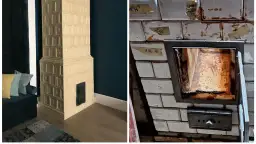 Piękny piec kaflowy obok kanapy i widok na jego wnętrze, które wymaga czyszczenia kanałów.