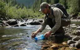 Mężczyzna z plecakiem pochyla się nad strumieniem, by za pomocą składanej butelki przeprowadzić oczyszczanie wody.