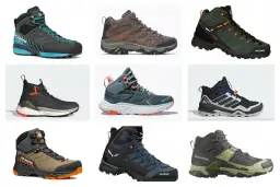 Buty trekkingowe różnych marek, w tym z podeszwami Vibram i Contagrip.