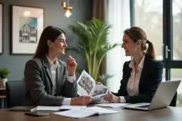 Dwie kobiety omawiają ofertę nieruchomości, ucząc się, jak zostać agentem nieruchomości.