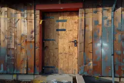 Drzwi na budowę z płyty OSB, zawieszone na solidnych zawiasach. Jak zrobić takie drzwi? Proste, funkcjonalne rozwiązanie.