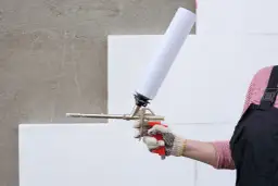 Dłoń w rękawicy trzyma pistolet z pianką montażową. Czy pianka montażowa przepuszcza powietrze? Pytanie o izolację.