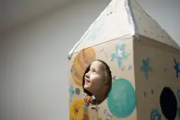 Dziecko w kartonowej rakiecie, zapatrzone w gwiazdy, uosabia myślenie życzeniowe i marzenia o kosmicznych podróżach.