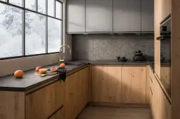 Nowoczesna kuchnia z drewnianymi frontami, kamiennym blatem i mozaikową ścianą nad blatem.