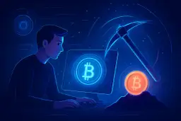 Mężczyzna przy komputerze, symbol Bitcoina, kilof i moneta kryptowaluty.