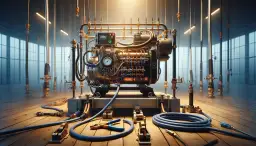 Złożony agregat z licznymi przewodami i zaciskami, gotowy do podłączenia. W tle widać rzędy pionowych elementów, sugerujących instalację. To wizualizacja, jak uziemić agregat.