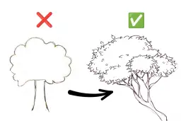 Vergleich zweier Baumzeichnungen: eine einfache und eine detaillierte, realistische Darstellung.