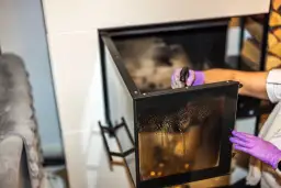 Rękawiczki i spray do czyszczenia szyb kominkowych. Poznaj najlepsze sposoby, czym umyć szybę w kominku, by znów lśniła czystością.
