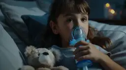 Dziewczynka z misiem robiąca inhalację nebulizatorem.